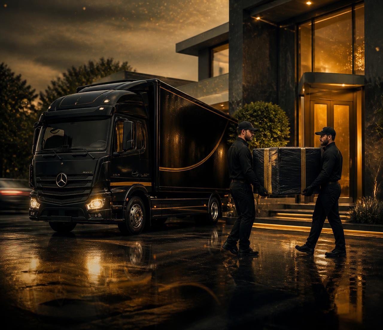 Luxury black moving truck with uniformed HR movers at a modern villa at dusk